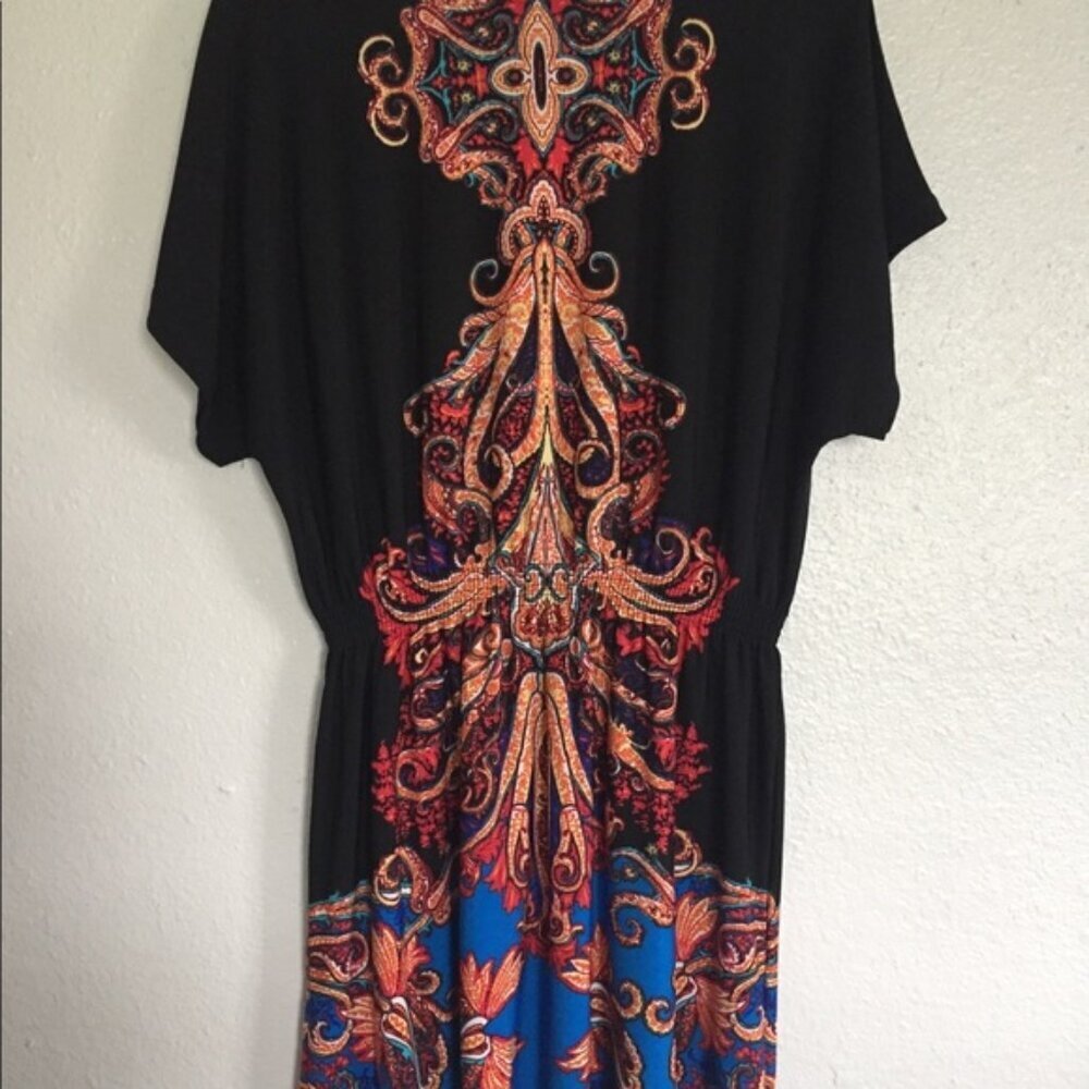 NY Collection Black Mandala Print Short Sleeve Dress Large - Picture 4 of 4